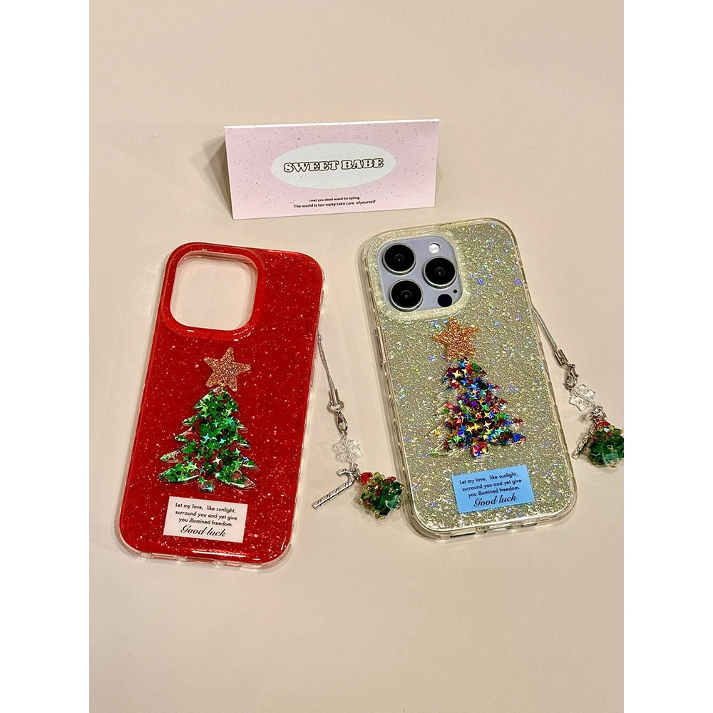 Sequined Double-layer Three-dimensional Star Christmas Tree Mobile Phone Case with Mobile Phone Chain Pendant Suitable for iPhone16 iPhone15 iPhone14 iPhone13