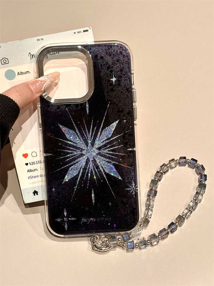 Black Background Glitter Blue Snowflake Aesthetic Mobile Phone Case Suitable for iPhone16 iPhone15 iPhone14 iPhone13