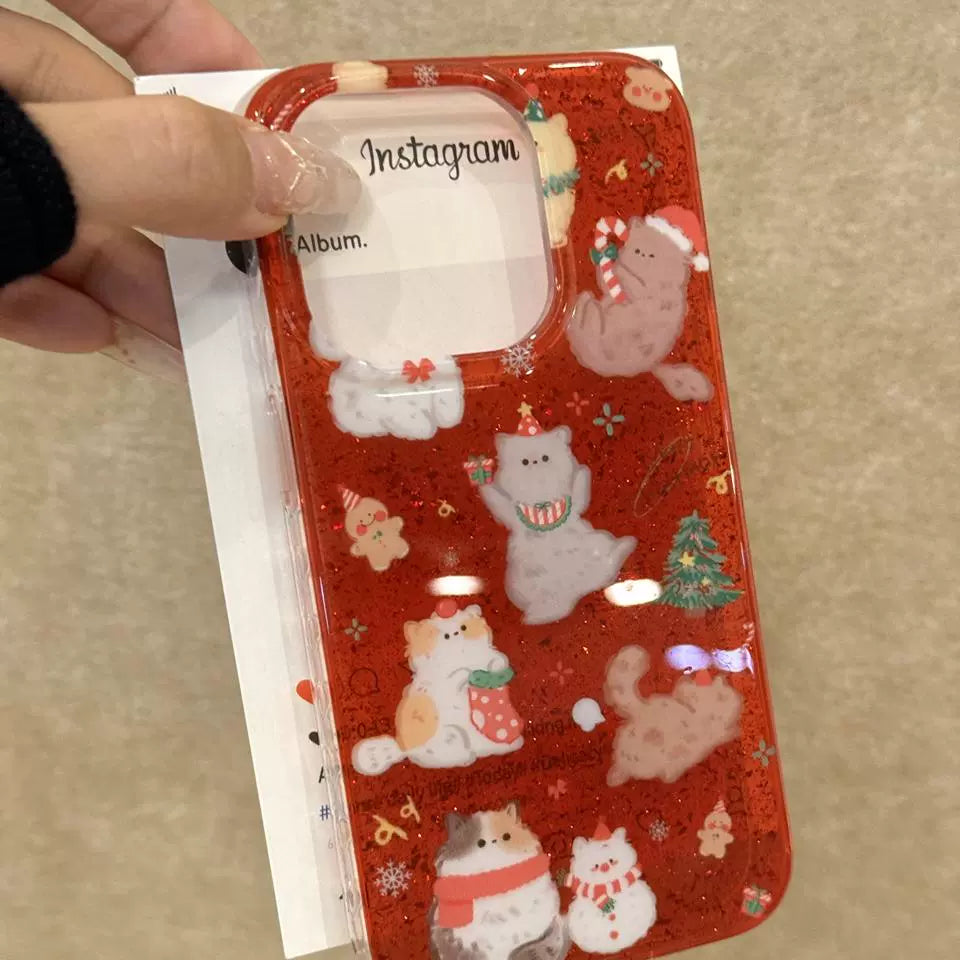 Red Glitter Cat Christmas Tree Gingerbread Man Aesthetic Phone Case Suitable for iPhone16 iPhone15 iPhone14 iPhone13