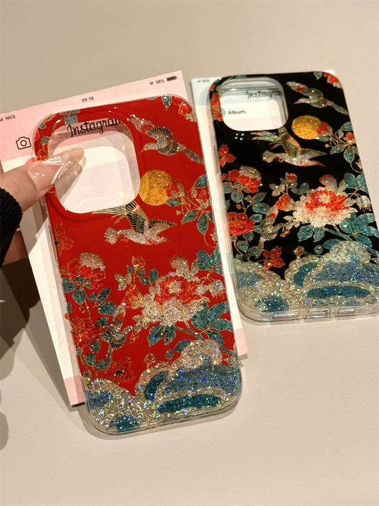 Chinese Style Means Lucky Gold Foil Floral Magpie Double-sided Aesthetic Mobile Phone Case Suitable for iPhone16 iPhone15 iPhone14 iPhone13