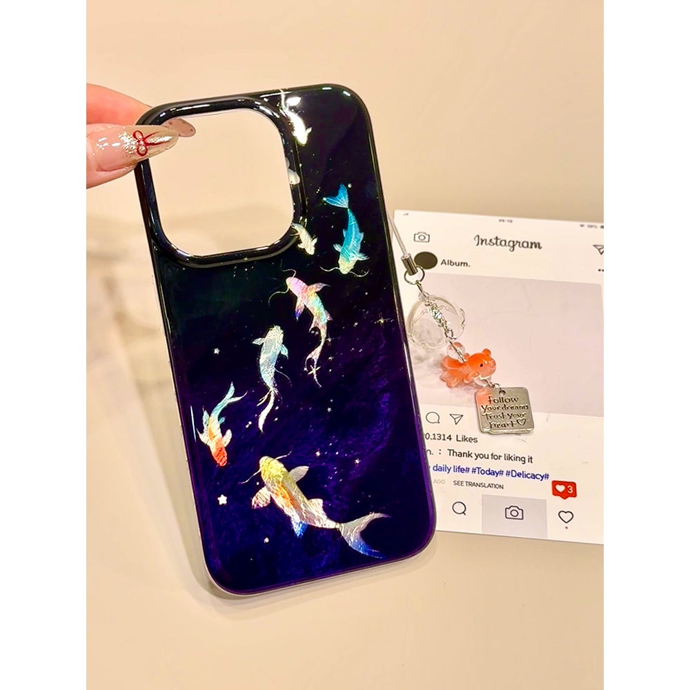 Gradual Change Smudged Hollow Koi Aesthetic Mobile Phone Case with Mobile Phone Chain Pendant Suitable for iPhone16 iPhone15 iPhone14 iPhone13