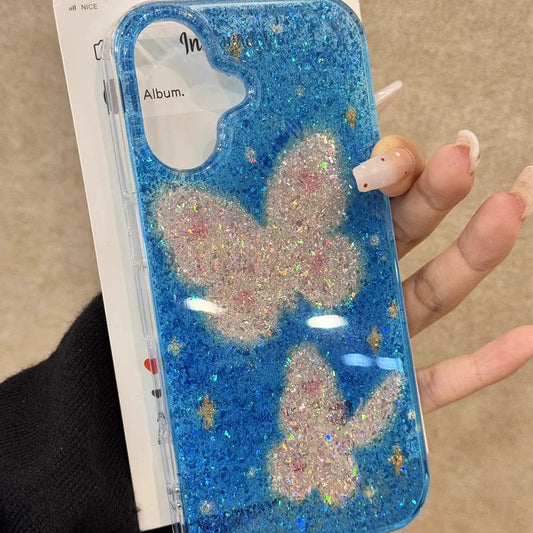 Blue Glitter Hollow Butterfly Dream Art Aesthetic Mobile Phone Case, Sweet and Soft Girl Suitable for iPhone16 iPhone15 iPhone14 iPhone13