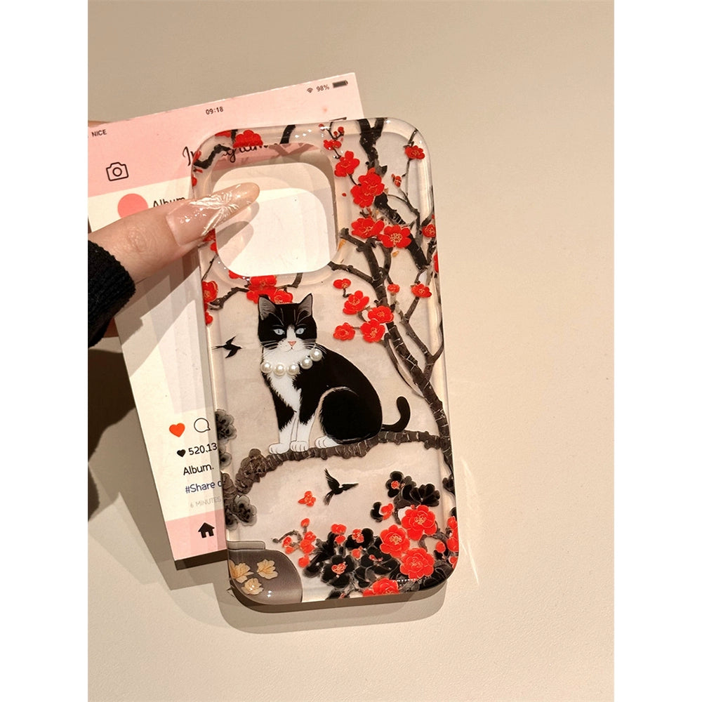 Plum Blossom Branch Small Black Cat Illustration Cute Aesthetic Phone Case Suitable for iPhone16 iPhone15 iPhone14 iPhone13