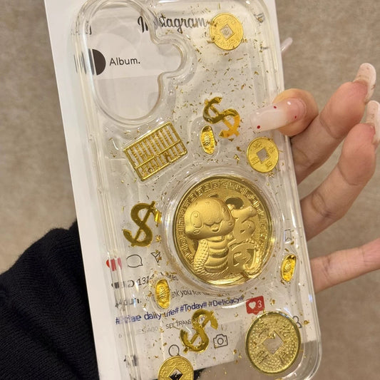 Year of The Snake Fu Character Gold Coin Gold Glitter Lucky Fortune Mobile Phone Case Suitable for iPhone16 iPhone15 iPhone14 iPhone13