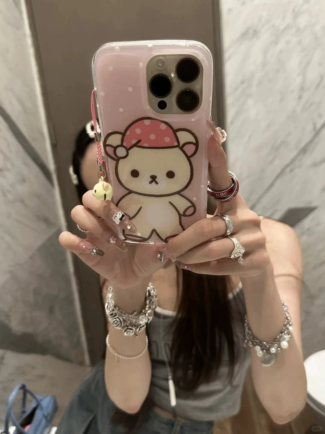 Cute Cartoon Bear Yellow Pink Mobile Phone Case with Mobile Phone Rope Bell Pendant Suitable for iPhone16 iPhone15 iPhone14 iPhone13