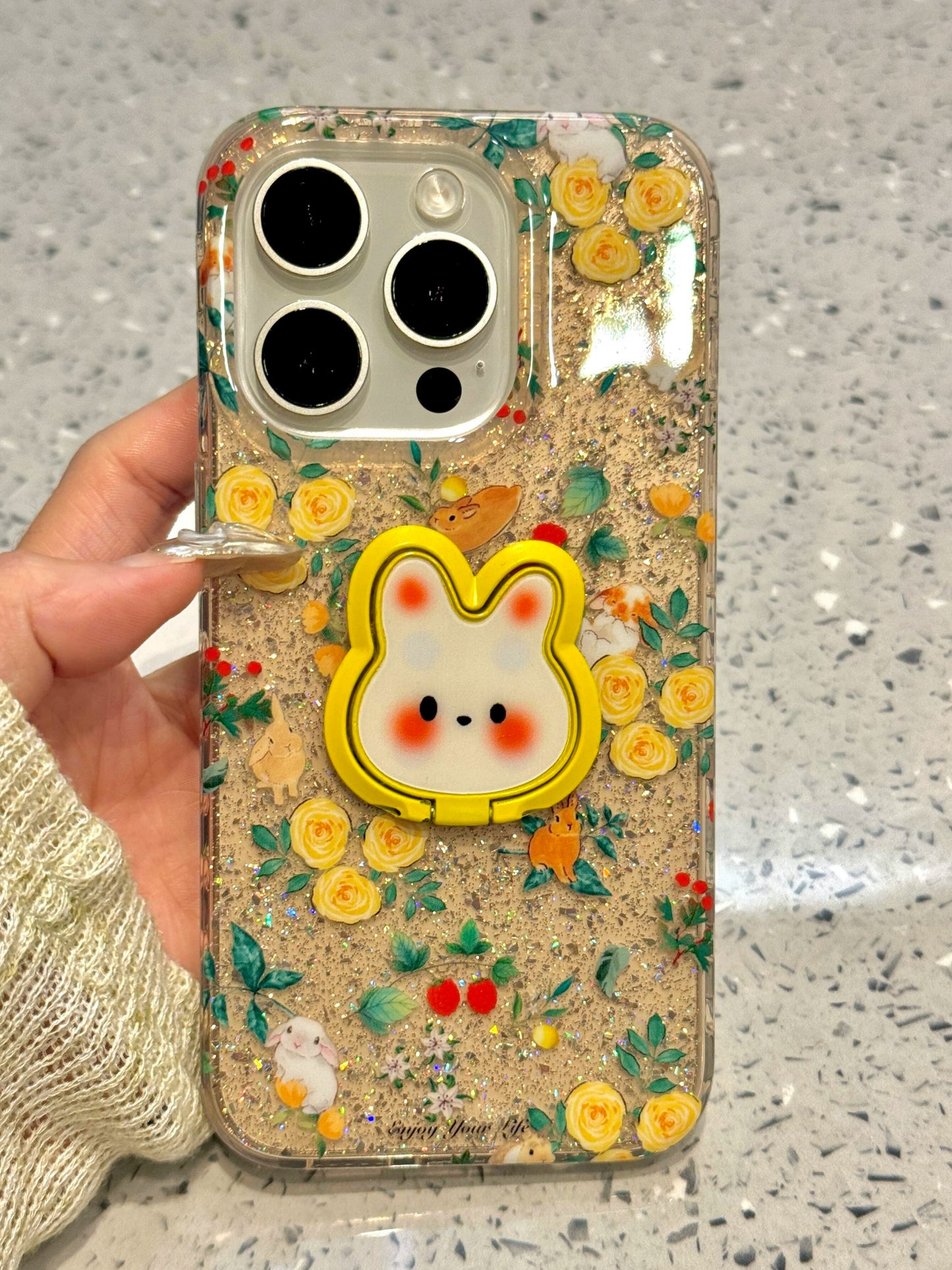 Yellow Flower Rabbit Ring Holder Cute Girl Mobile Phone Case Suitable for iPhone16 iPhone15 iPhone14 iPhone13