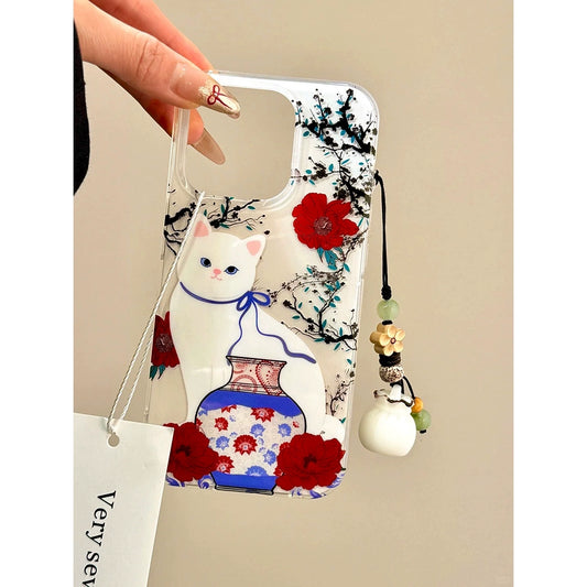 Red Flower Porcelain Vase Cat Money Bag Pendant Cute Aesthetic Phone Case Suitable for iPhone16 iPhone15 iPhone14 iPhone13