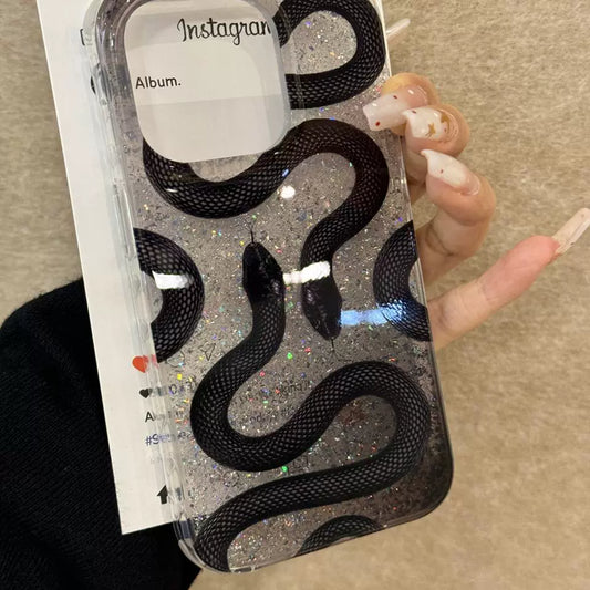 Small Black Snake Glitter Translucent Aesthetic Mobile Phone Case Suitable for iPhone16 iPhone15 iPhone14 iPhone13