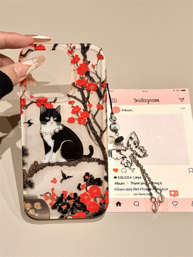 Plum Blossom Branch Small Black Cat Illustration Cute Aesthetic Phone Case Suitable for iPhone16 iPhone15 iPhone14 iPhone13