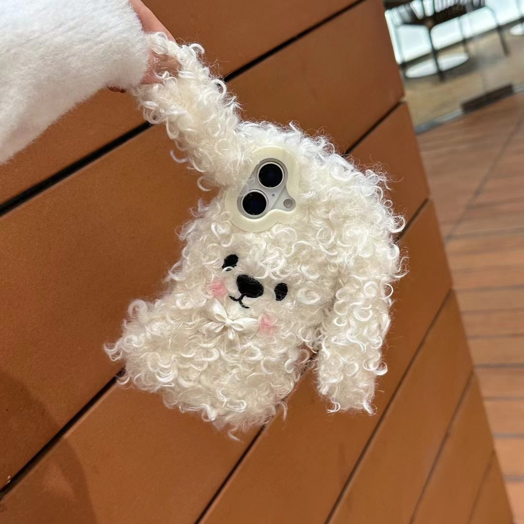 Plush Cute Bow White Poodle Phone Case Suitable for iPhone16 iPhone15 iPhone14 iPhone13