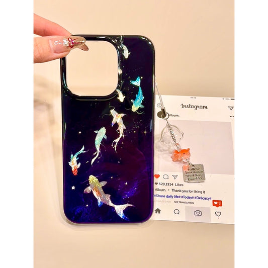 Gradual Change Smudged Hollow Koi Aesthetic Mobile Phone Case with Mobile Phone Chain Pendant Suitable for iPhone16 iPhone15 iPhone14 iPhone13